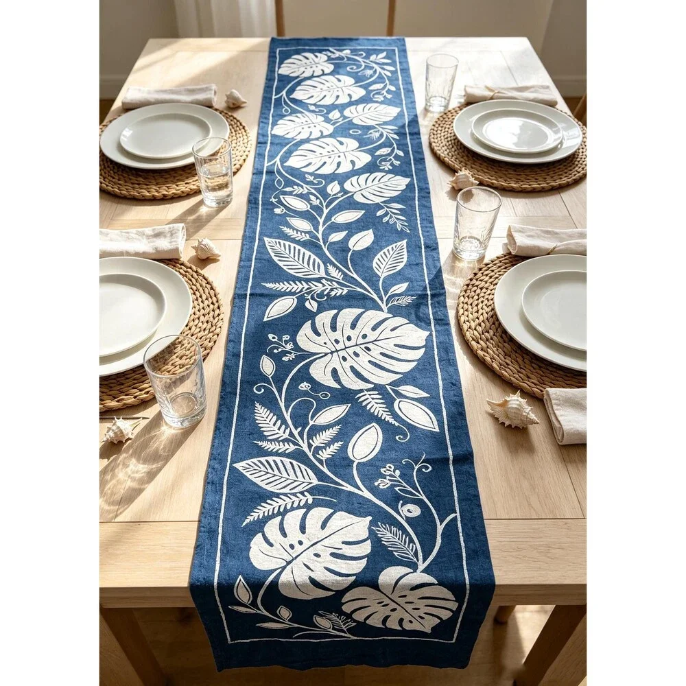 Handmade Indigo Batik Table Runner, Monstera Leaf Botanical Table Decor